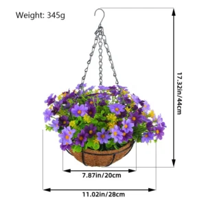 Size diagram for purple artificial mixed daisy hanging basket