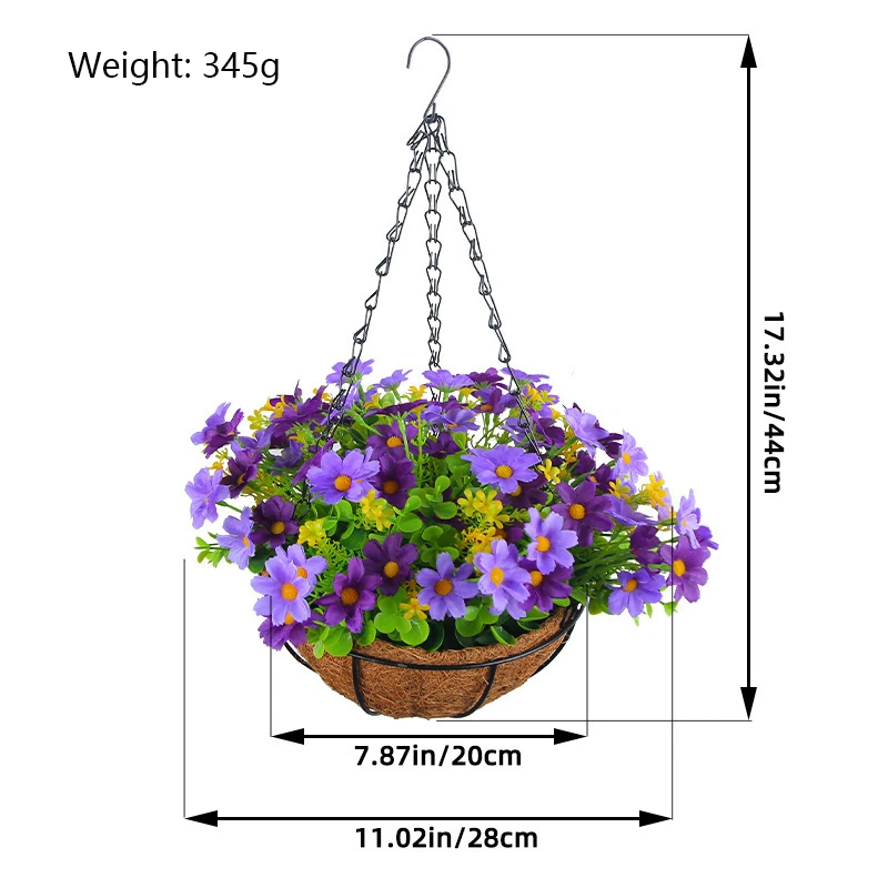 Size diagram for purple artificial mixed daisy hanging basket
