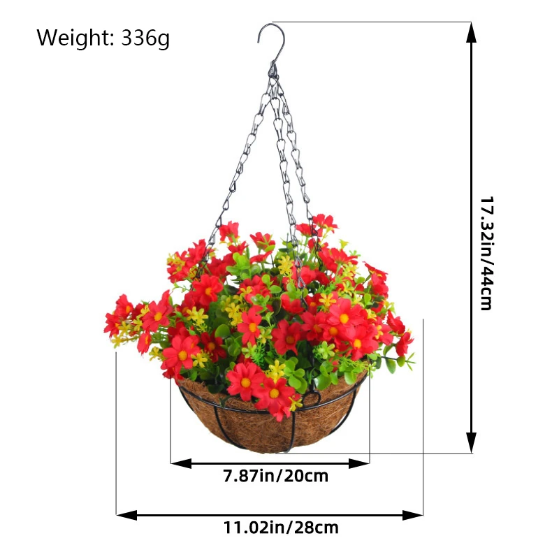Size diagram for red artificial mixed daisy hanging basket