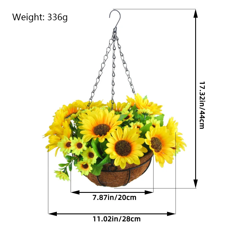Size diagram for sunflower yellow artificial mixed daisy hanging basket