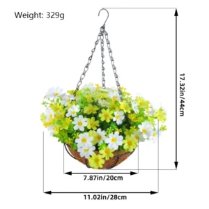 Size diagram for yellow white artificial mixed daisy hanging basket