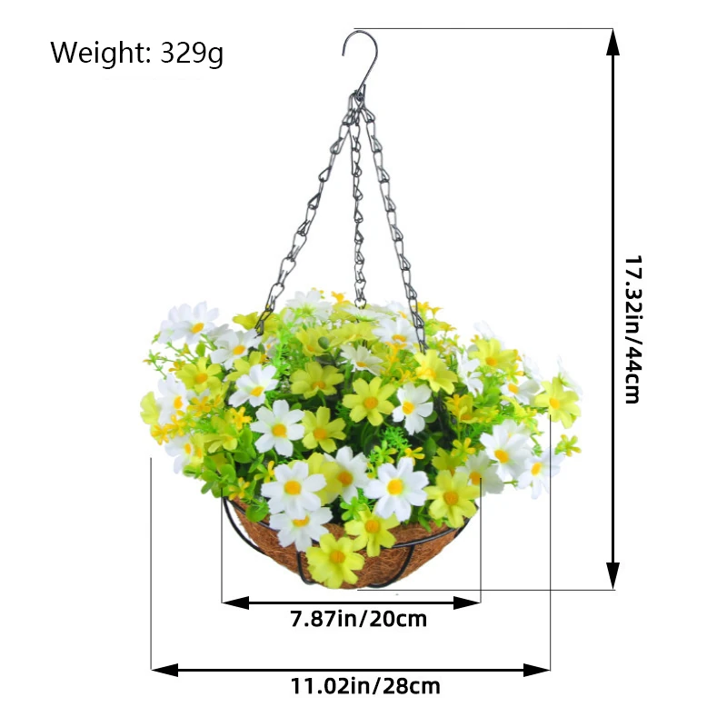 Size diagram for yellow white artificial mixed daisy hanging basket