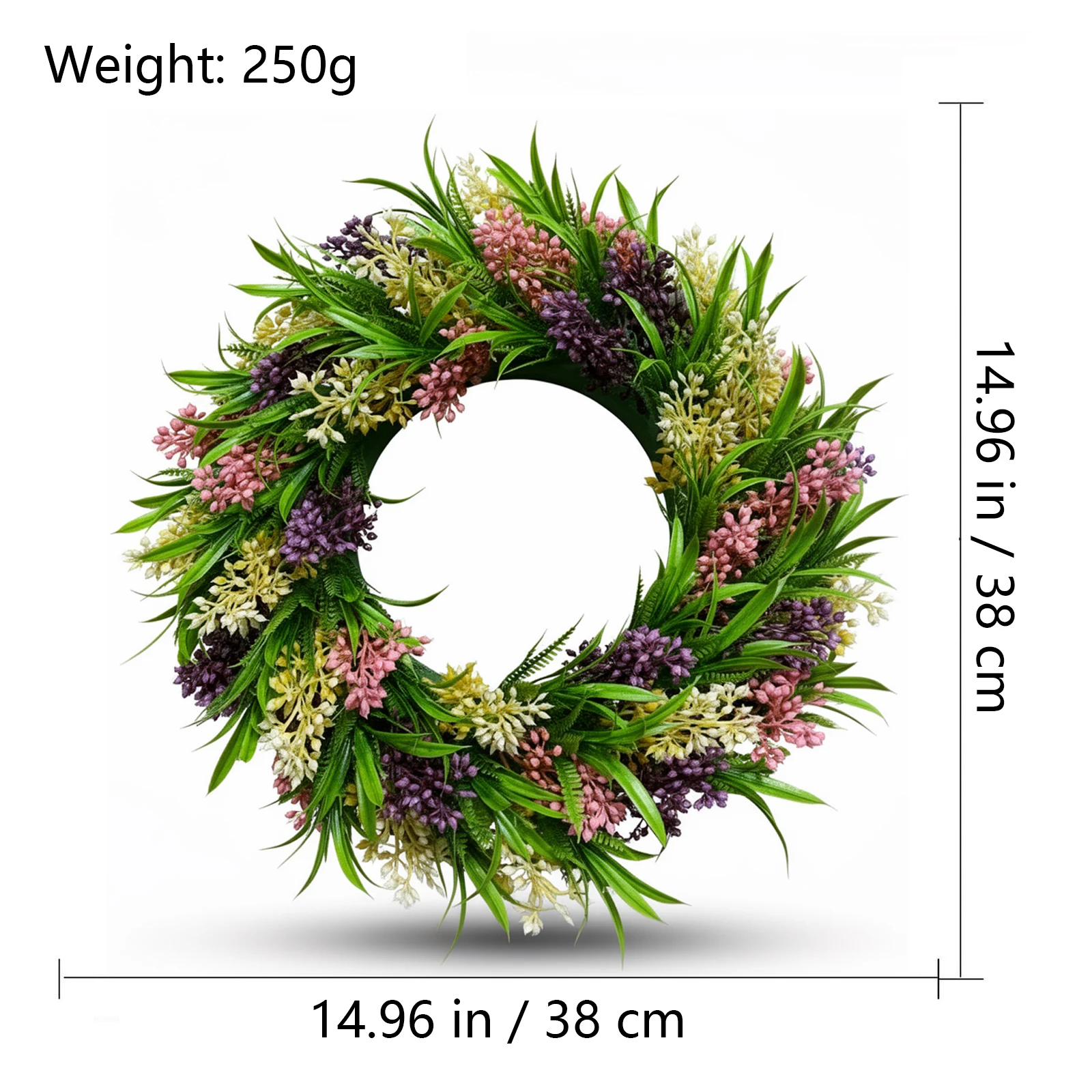 Size and weight diagram for 38 cm artificial mixed greenery wreath