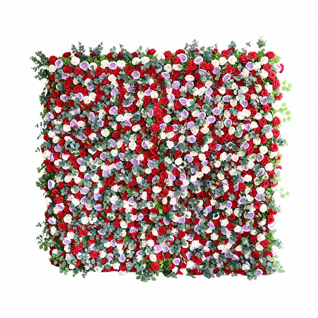 Artificial mixed rose and eucalyptus flower wall backdrop on a white background