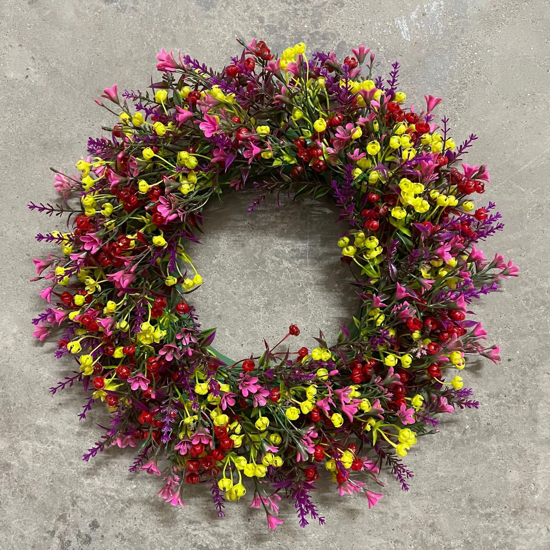 Alternate view of purple yellow artificial mixed wildflower wreath collection