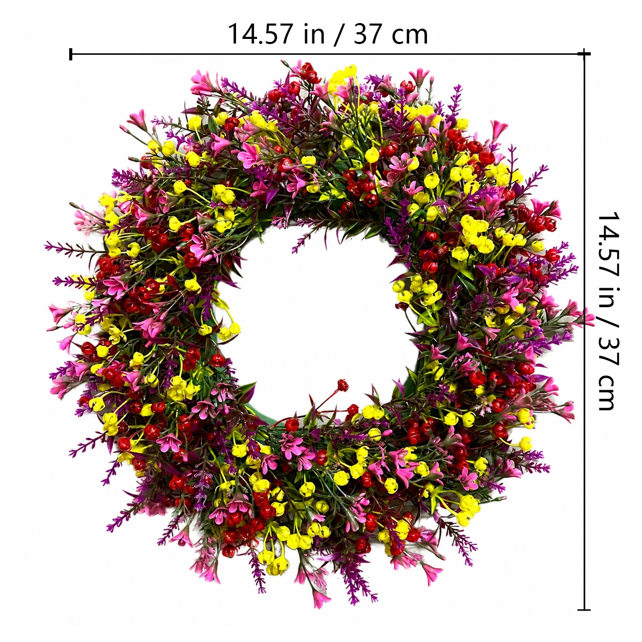 Size diagram for artificial mixed wildflower wreath collection, 37 cm