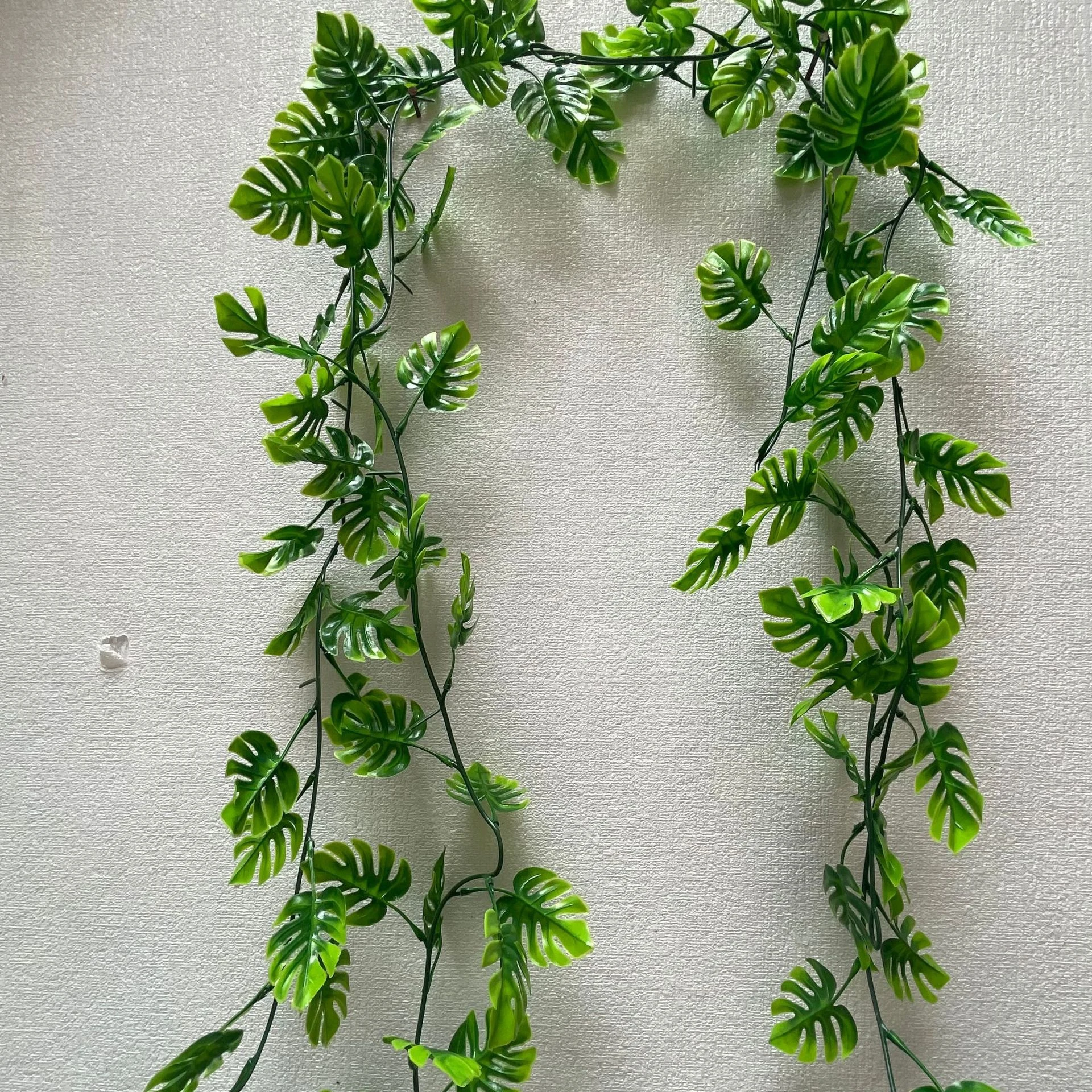 Artificial monstera leaf garland draped on a wall