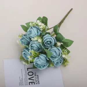 Blue artificial Nine-Head Rose Bouquet arranged for decorative display