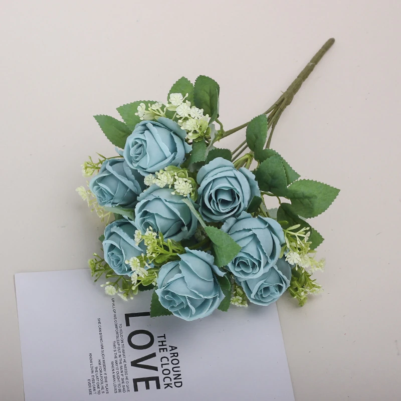 Blue artificial Nine-Head Rose Bouquet arranged for decorative display