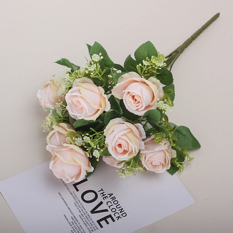 Blush Pink artificial Nine-Head Rose Bouquet, 34 cm