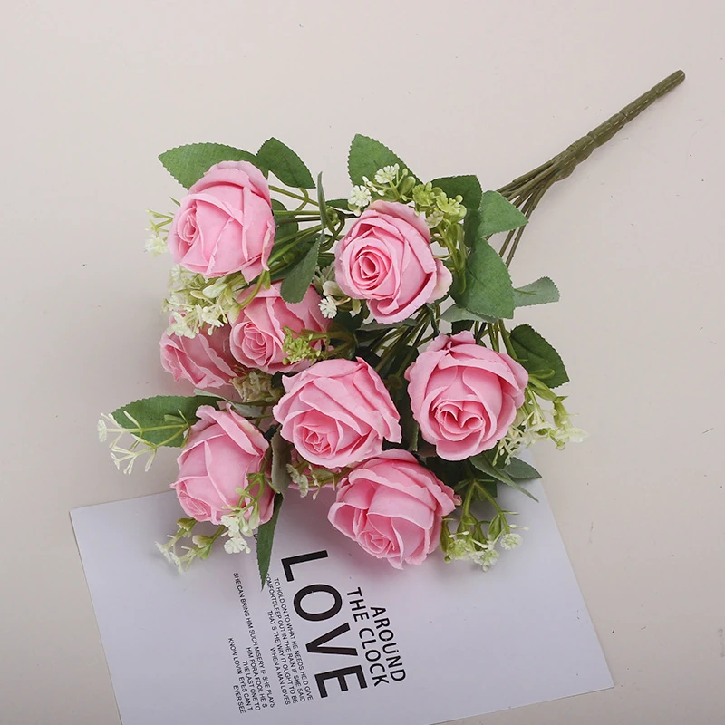 Pink artificial Nine-Head Rose Bouquet, 34 cm