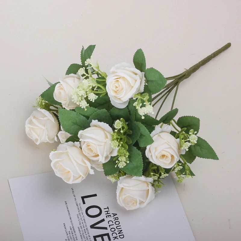 White artificial Nine-Head Rose Bouquet, 34 cm