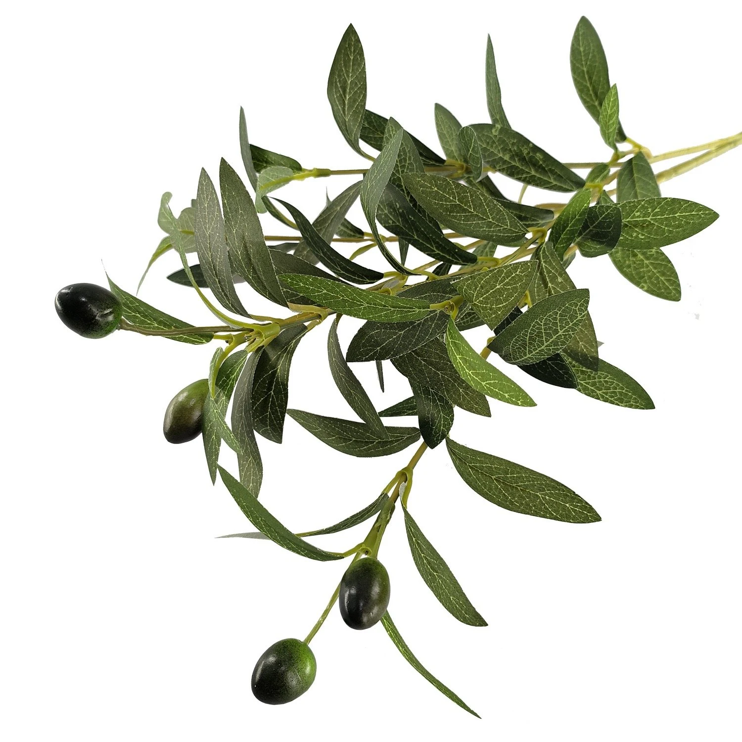 Close-up of artificial olive leaves and olive fruit