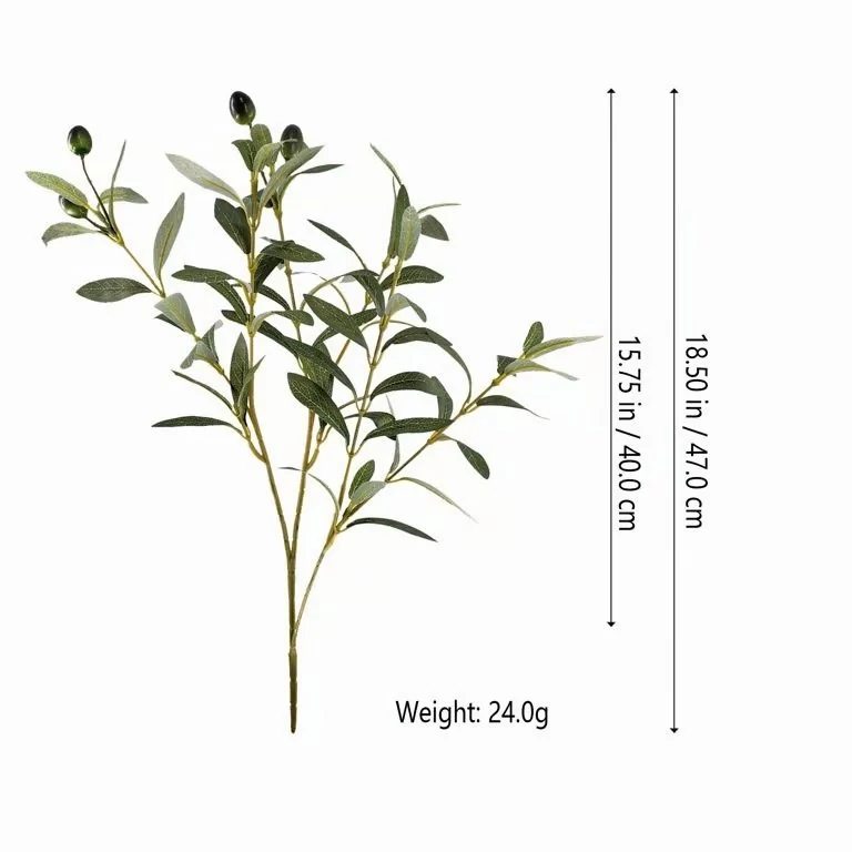 Size diagram for large 47 cm artificial olive branch weighing 24 grams