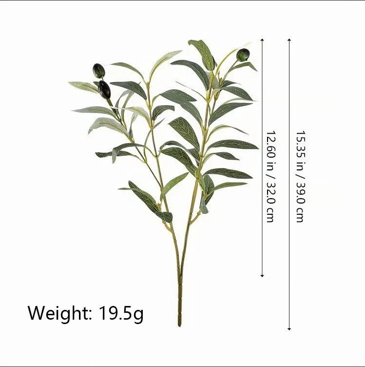 Size diagram for small 39 cm artificial olive branch weighing 19.5 grams