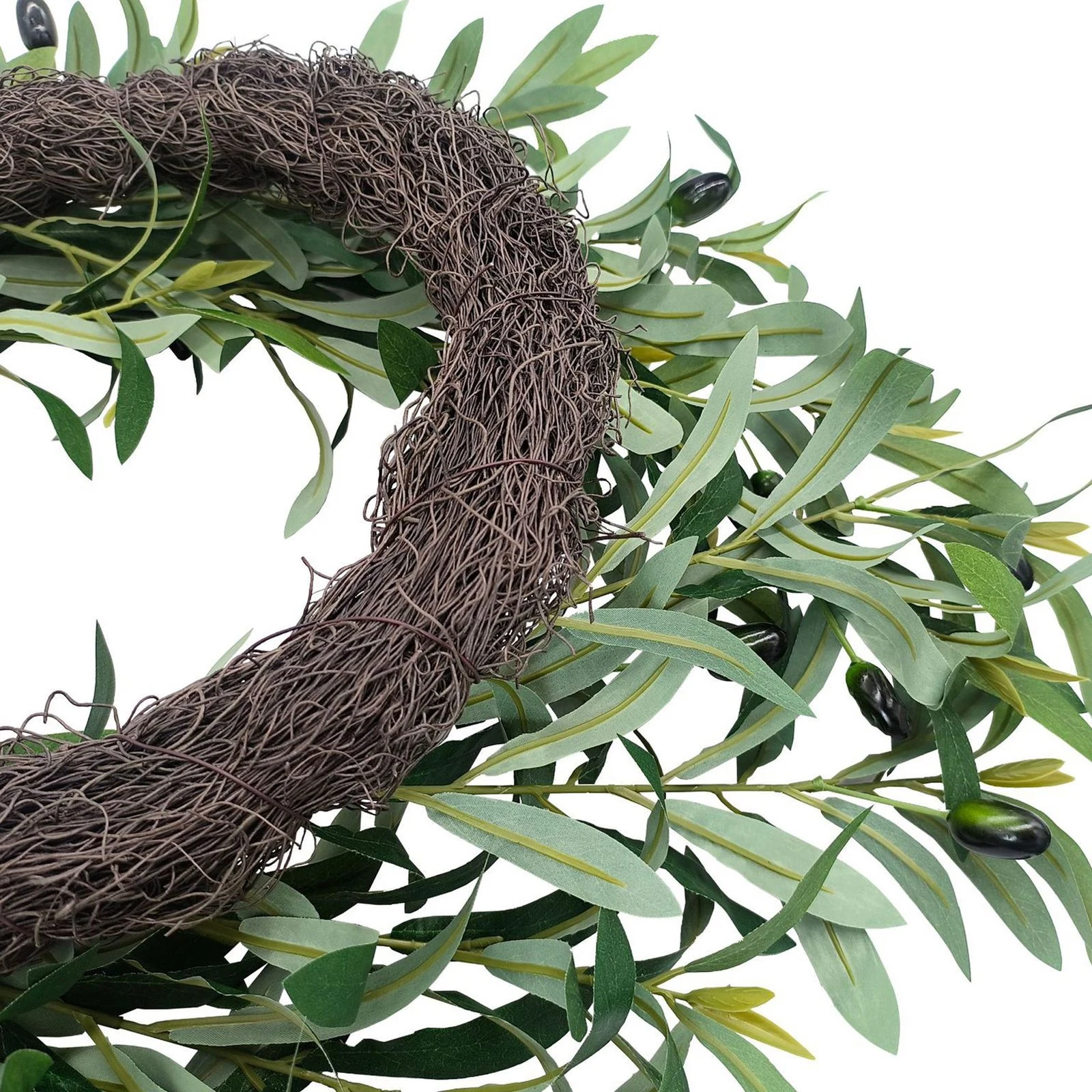 Back detail of the woven base on artificial olive wreath