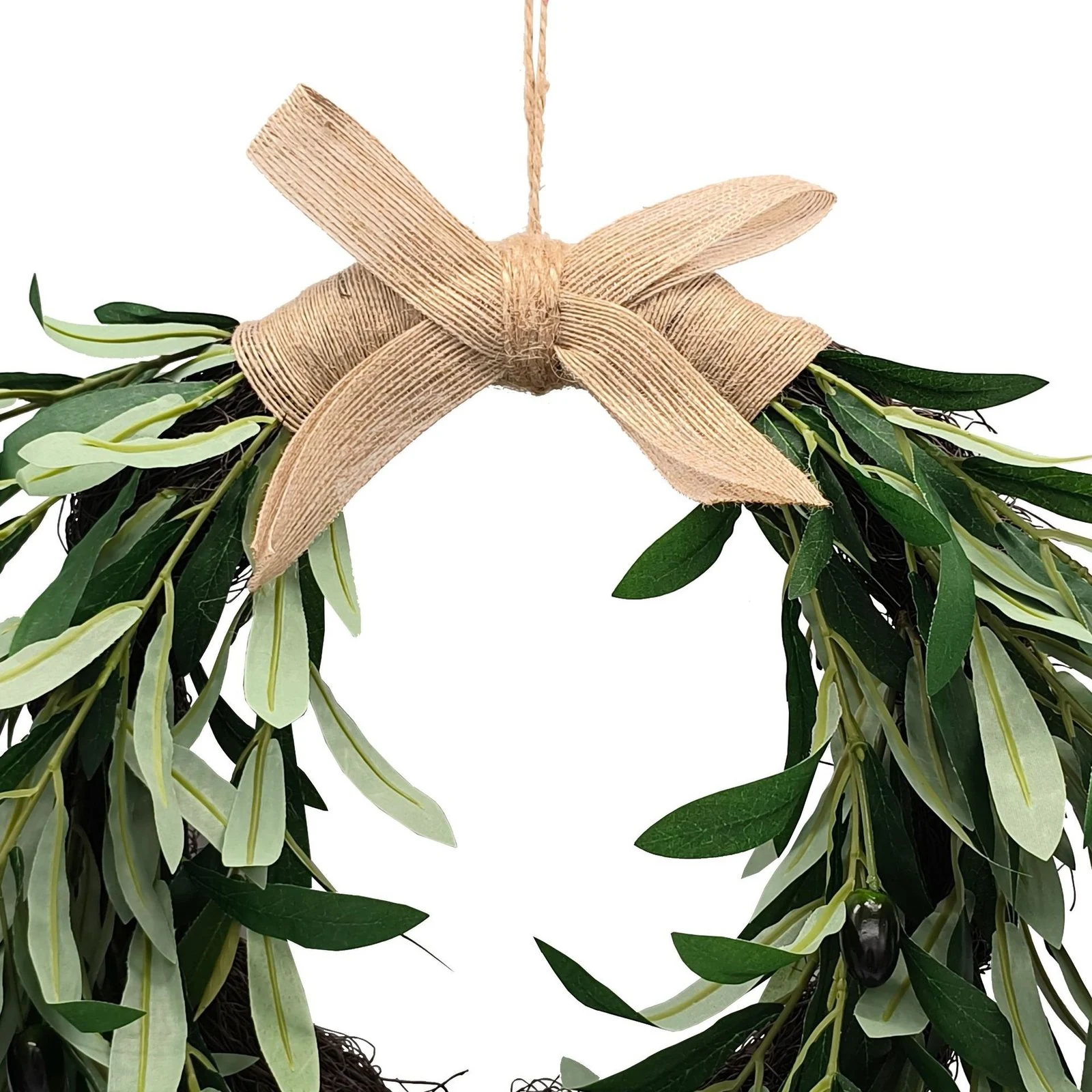 Close-up of natural-look bow on artificial olive wreath