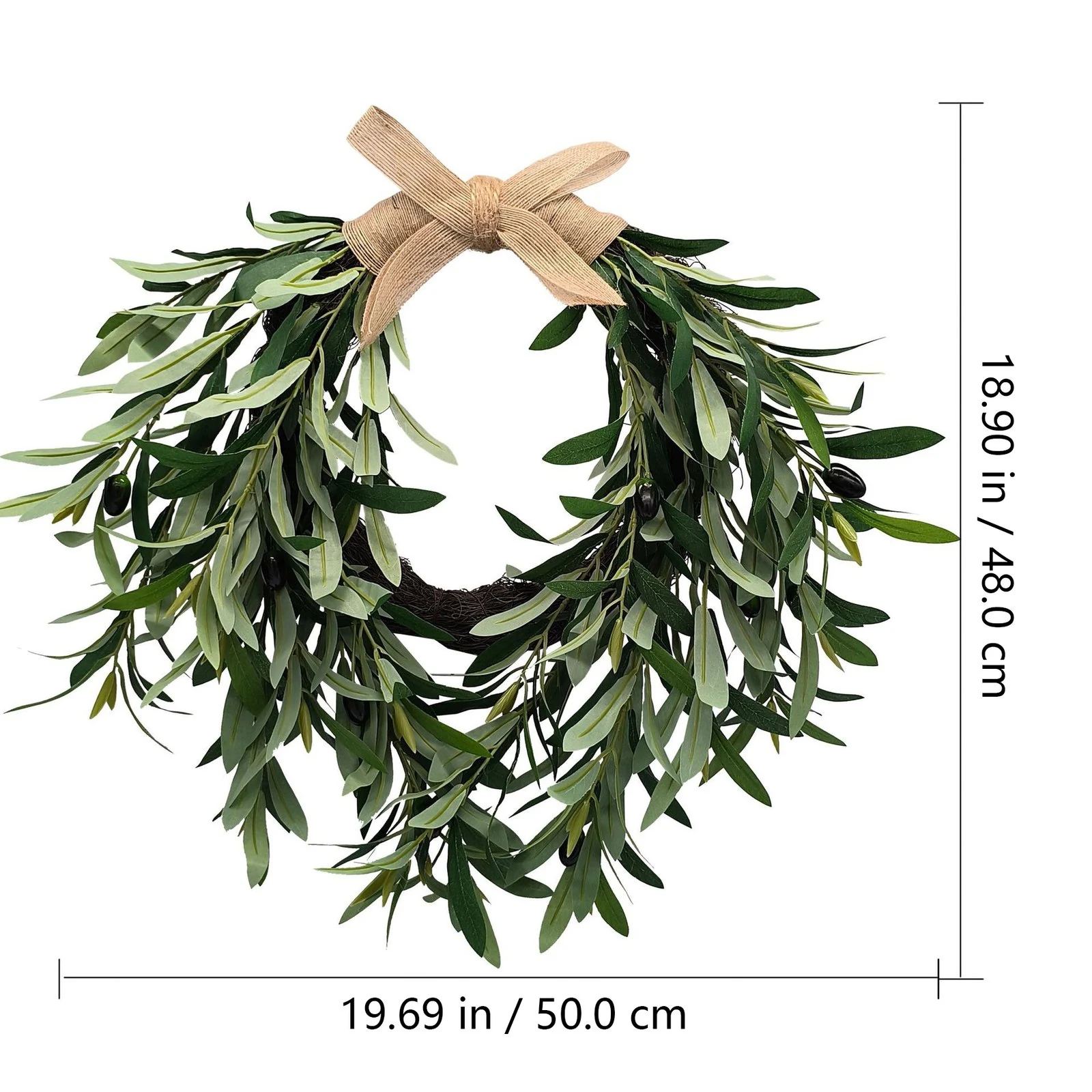 Size diagram for artificial olive wreath measuring 50 by 48 cm