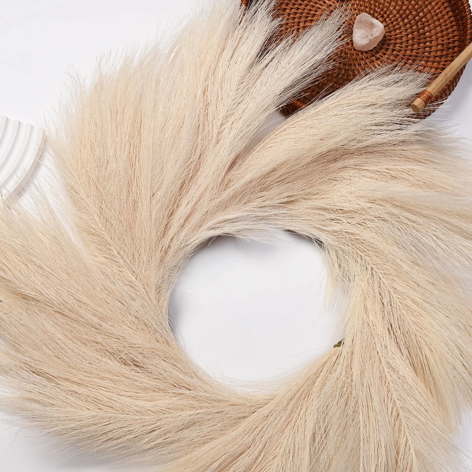 Close-up of ivory artificial pampas grass wreath