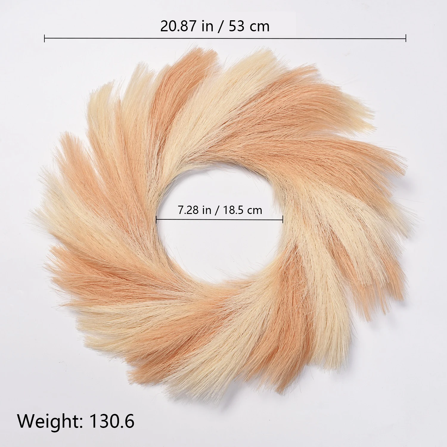 Size diagram for 53 cm peach artificial pampas grass wreath