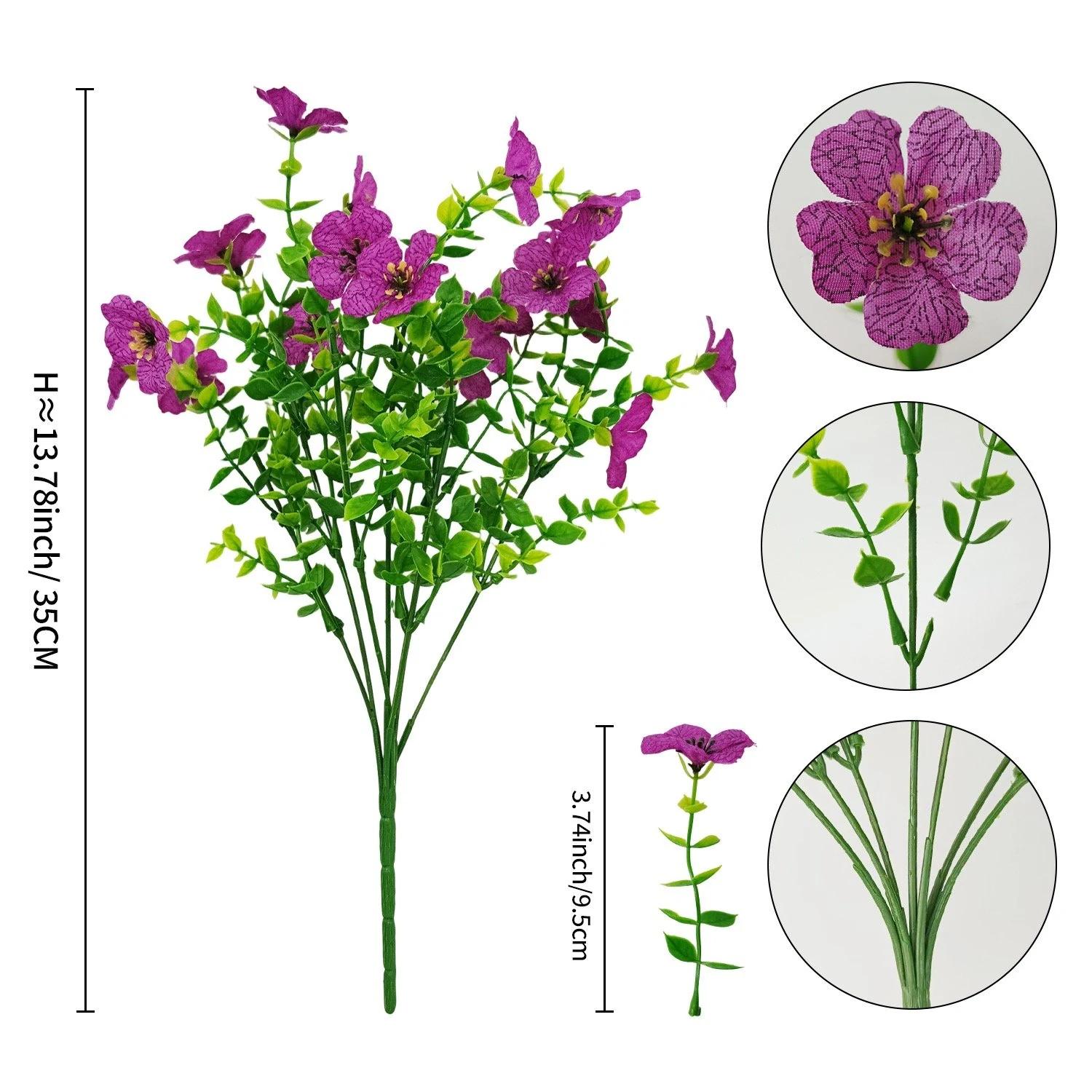Size and structure diagram for 35 cm artificial pansy flower bush with flower, stem and branching details