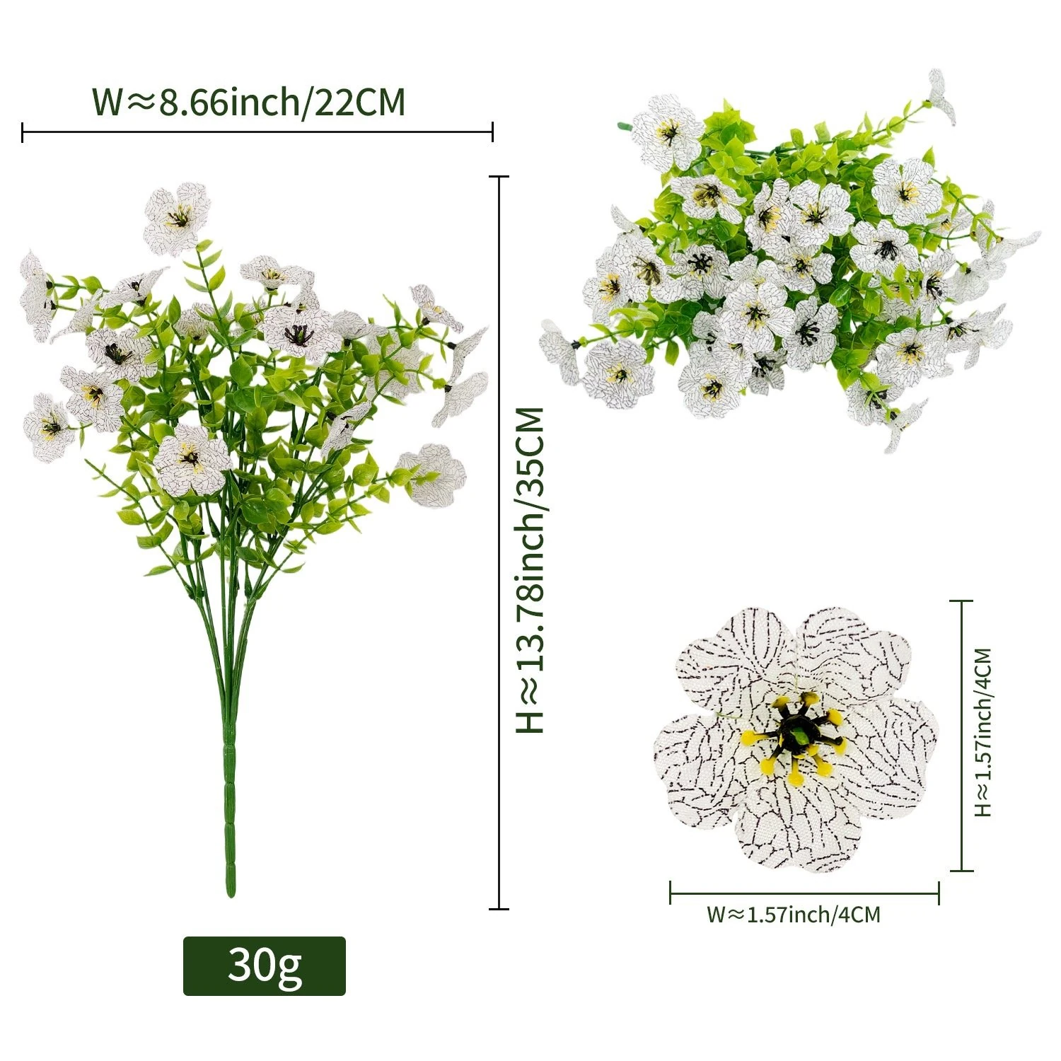 Specification diagram for white artificial pansy flower bush showing 35 cm height, 22 cm width, 4 cm flower heads and 30 g weight