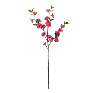 Rose pink artificial peach blossom branch on a white background