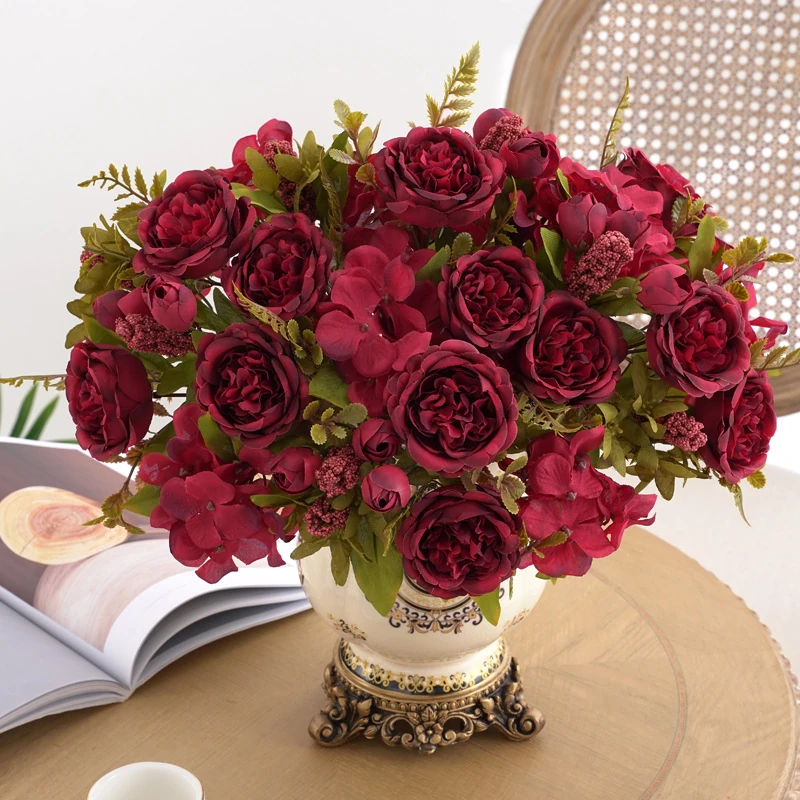 Bright Red artificial Peony and Hydrangea Mixed Flower Bouquet arranged for decorative display