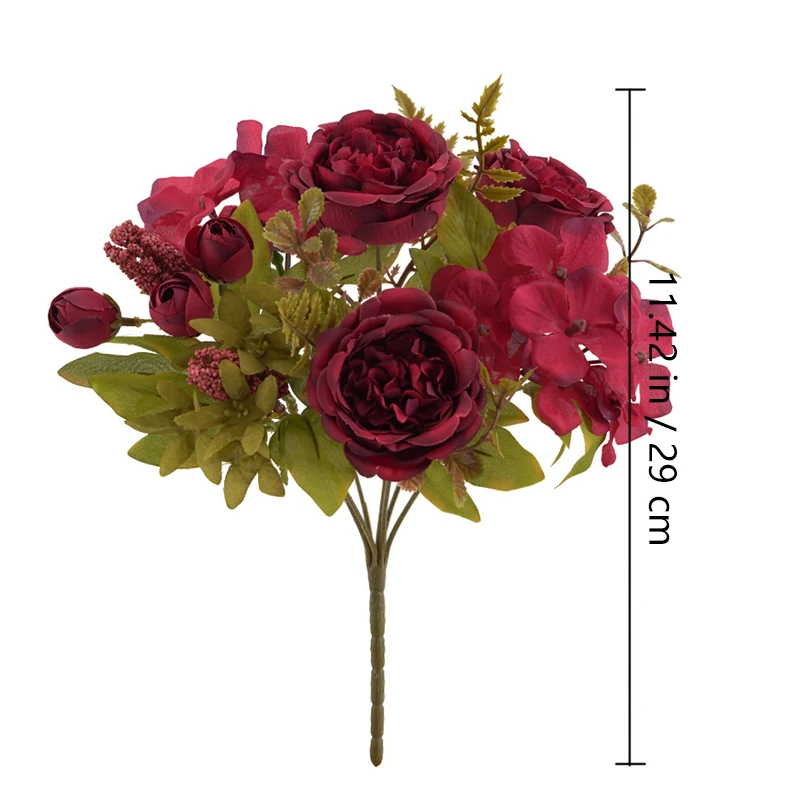 Specification diagram for bright red artificial Peony and Hydrangea Mixed Flower Bouquet