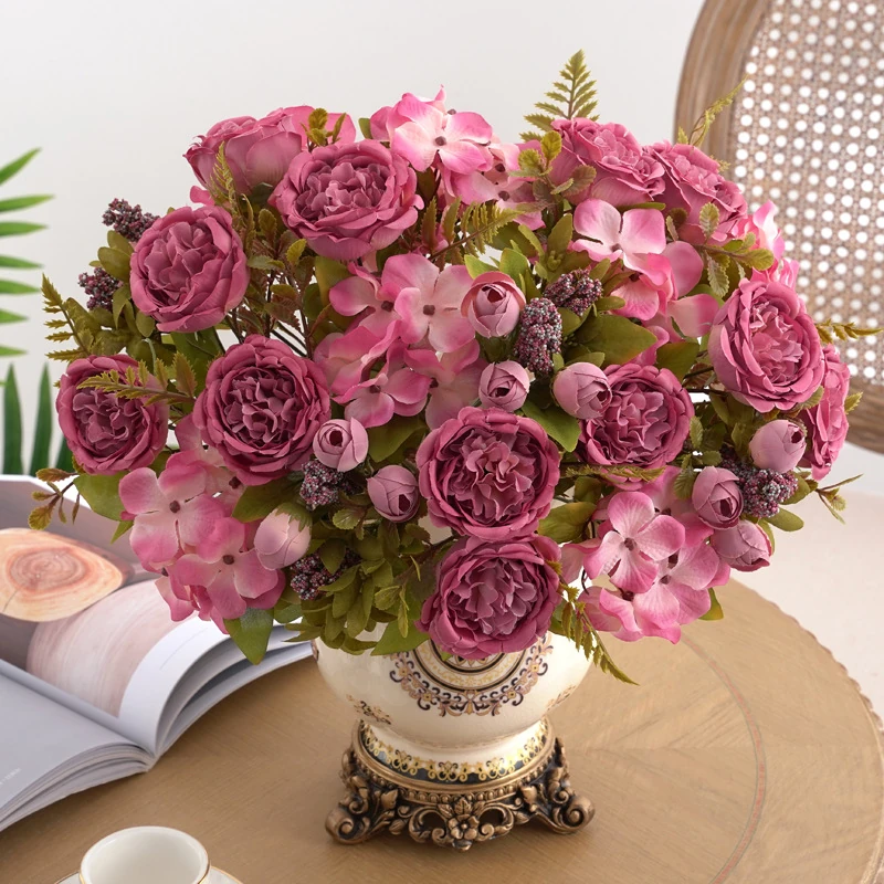 Deep Pink artificial Peony and Hydrangea Mixed Flower Bouquet arranged for decorative display