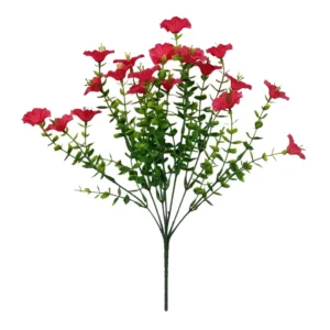 Red artificial petunia flower bush on a white background