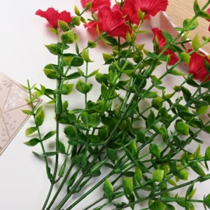 Close-up of artificial petunia branching stems and foliage