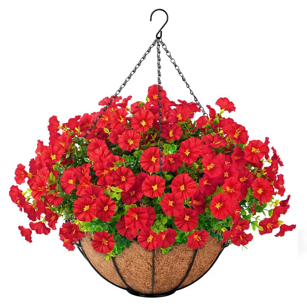 red artificial petunia hanging basket