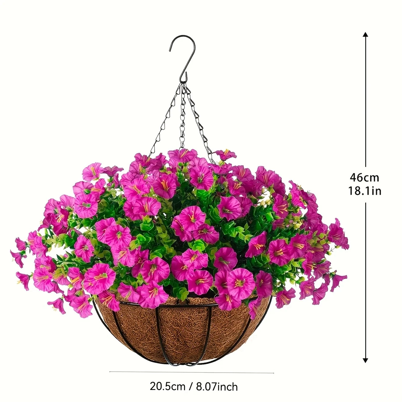 Size diagram for rose pink artificial petunia hanging basket