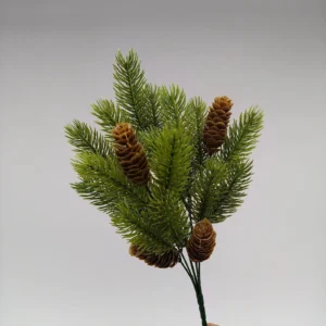 Hand-held side view of artificial pinecone evergreen bush