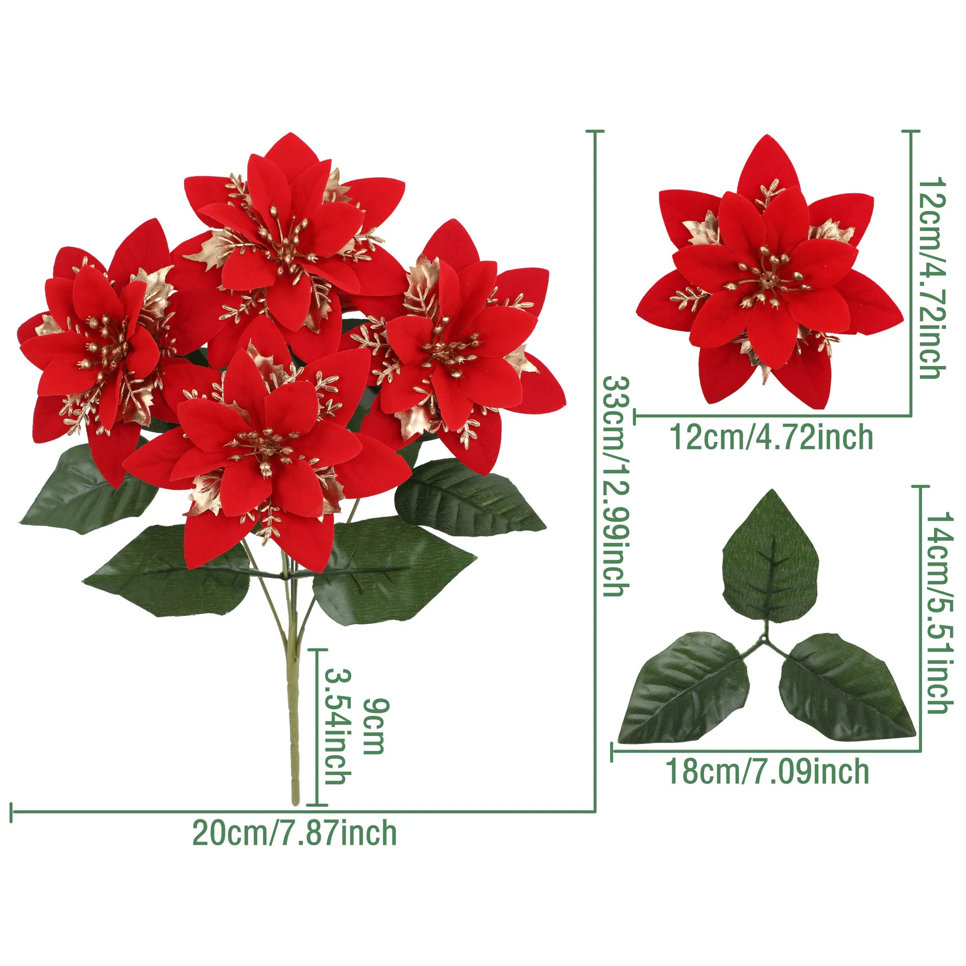 Size diagram for 33 cm red poinsettia bush with gold accents