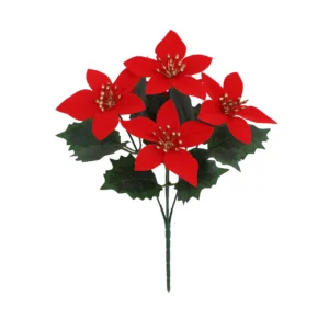 Red artificial poinsettia flower bush with gold accents