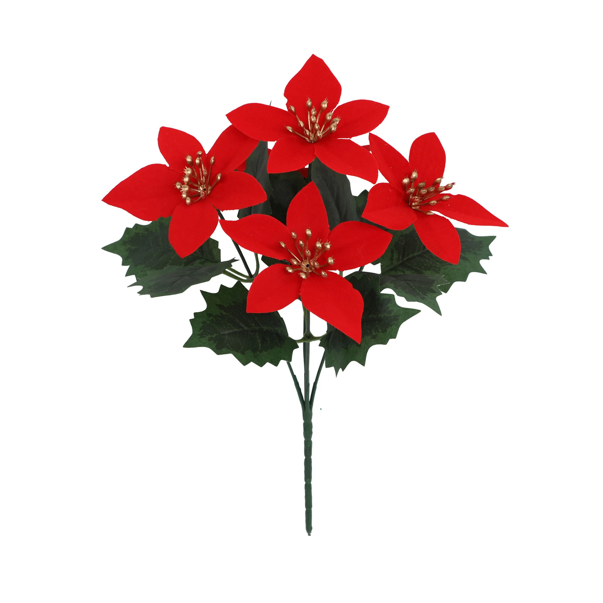 Red artificial poinsettia flower bush with gold accents