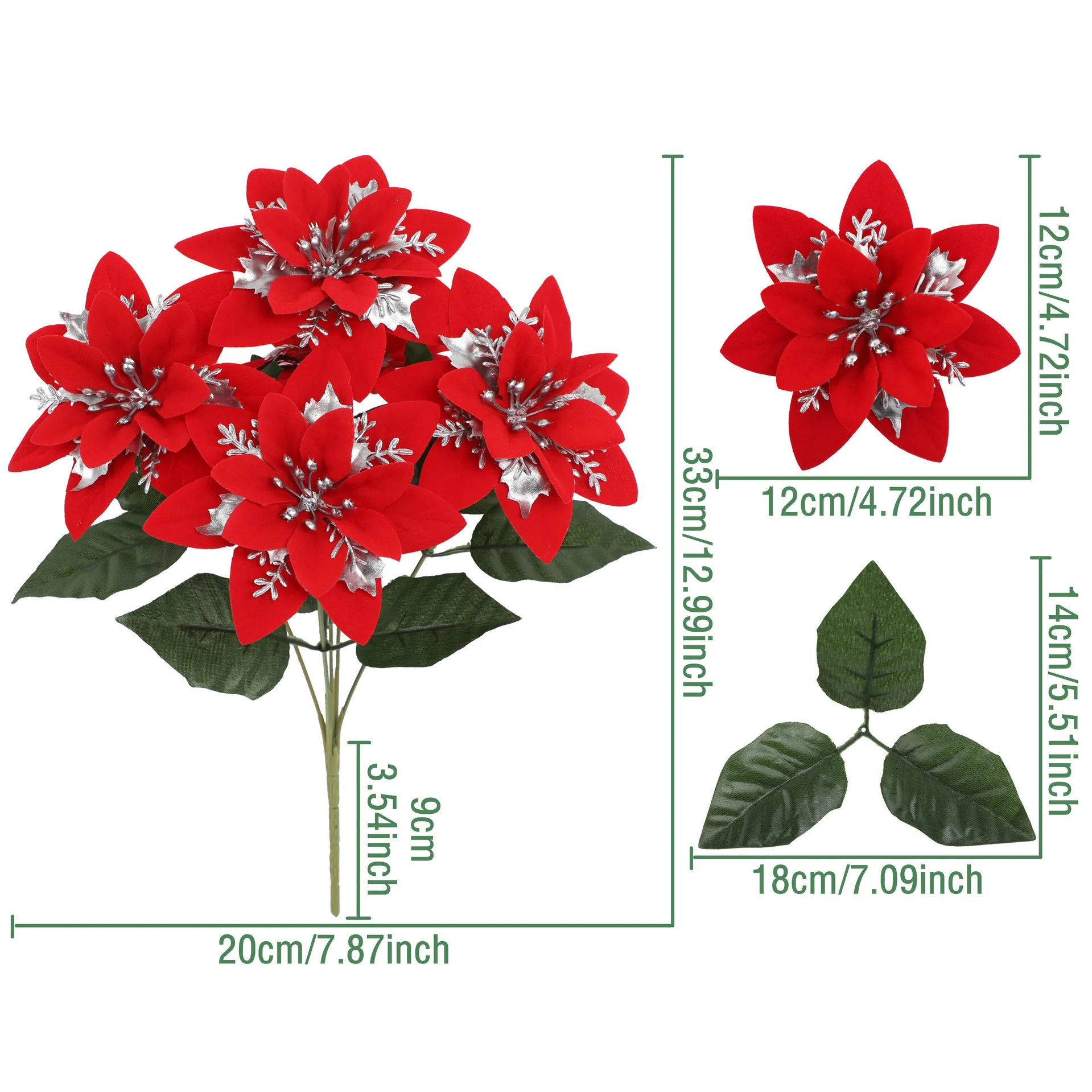 Size diagram for 33 cm red poinsettia bush with silver accents