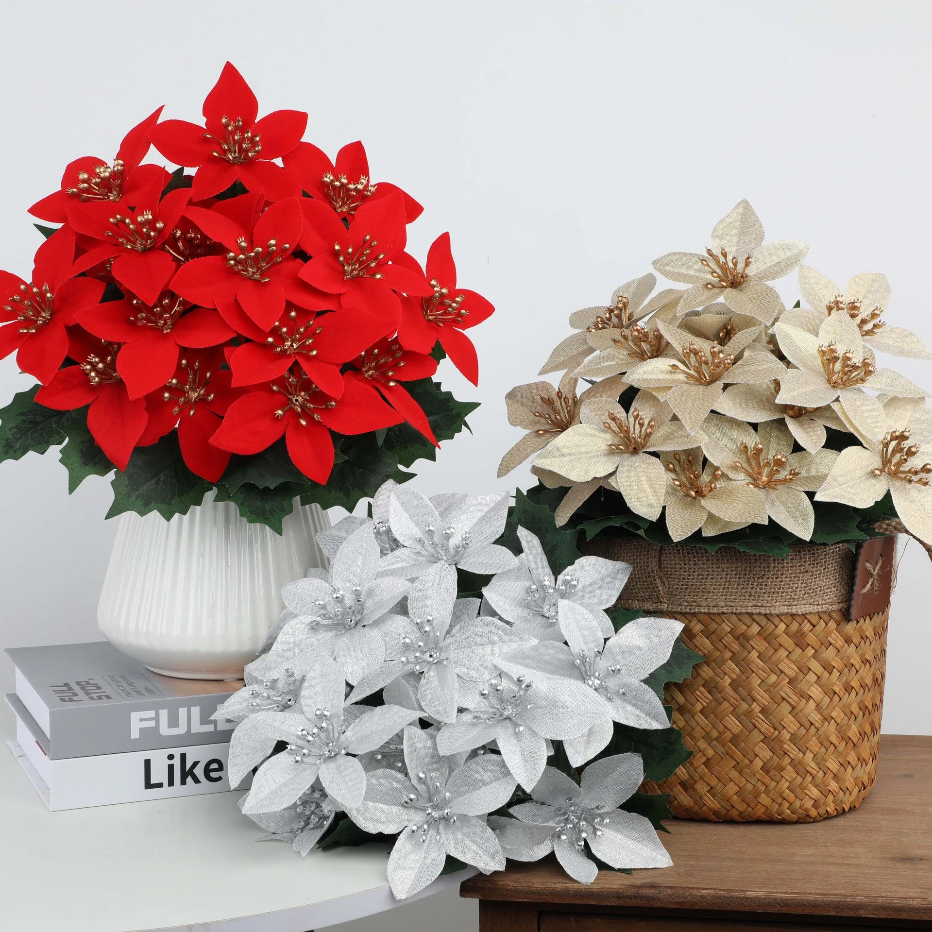 Red, champagne and silver artificial poinsettia flower bush styles