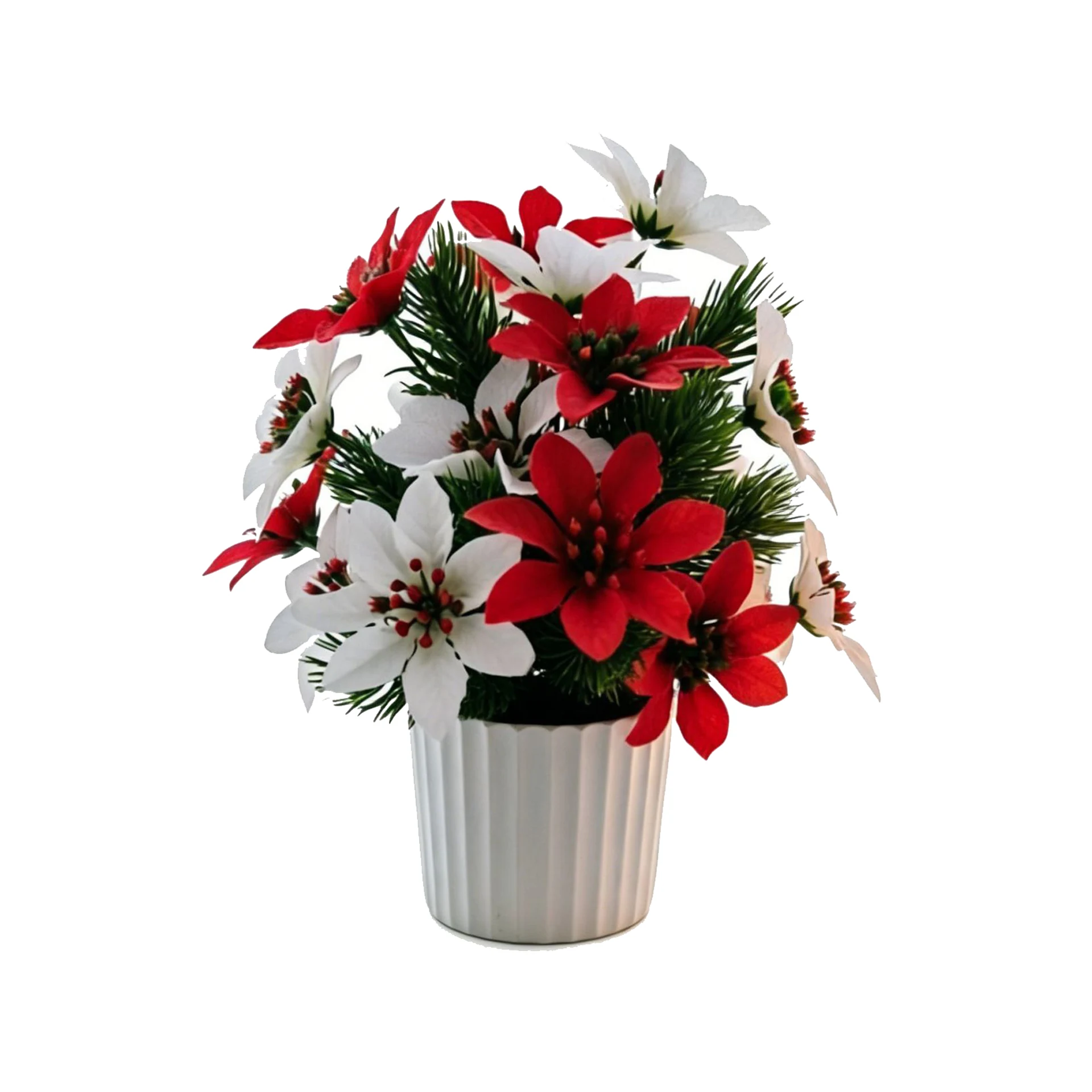 Artificial red and white poinsettia pine bush displayed in a pot