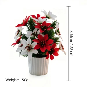 Size and weight diagram for 22 cm artificial poinsettia pine bush in a pot