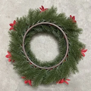Back view of artificial poinsettia pine christmas wreath