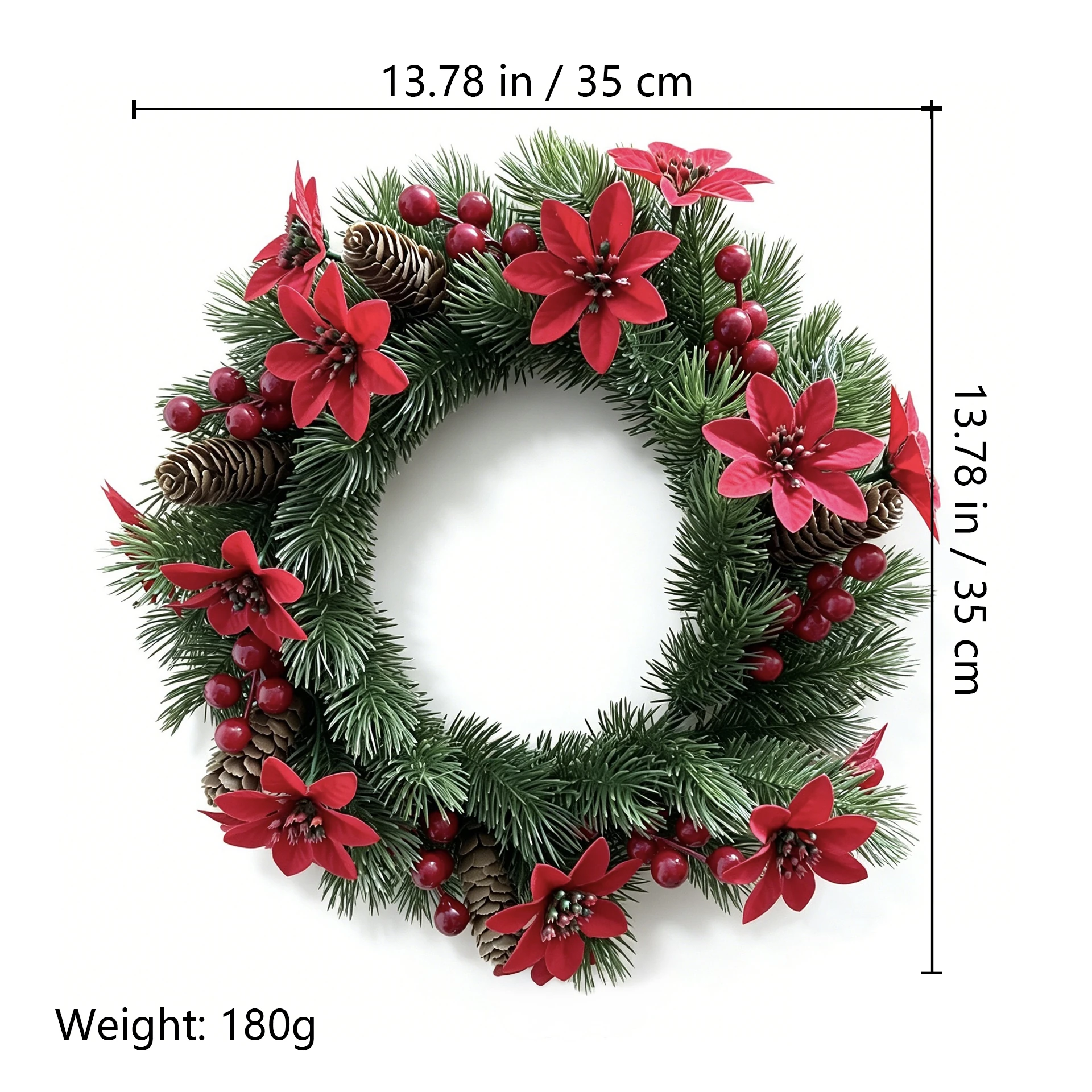 Size diagram for artificial poinsettia pine christmas wreath, 35 cm