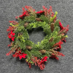 Alternate view of artificial poinsettia pinecone christmas wreath