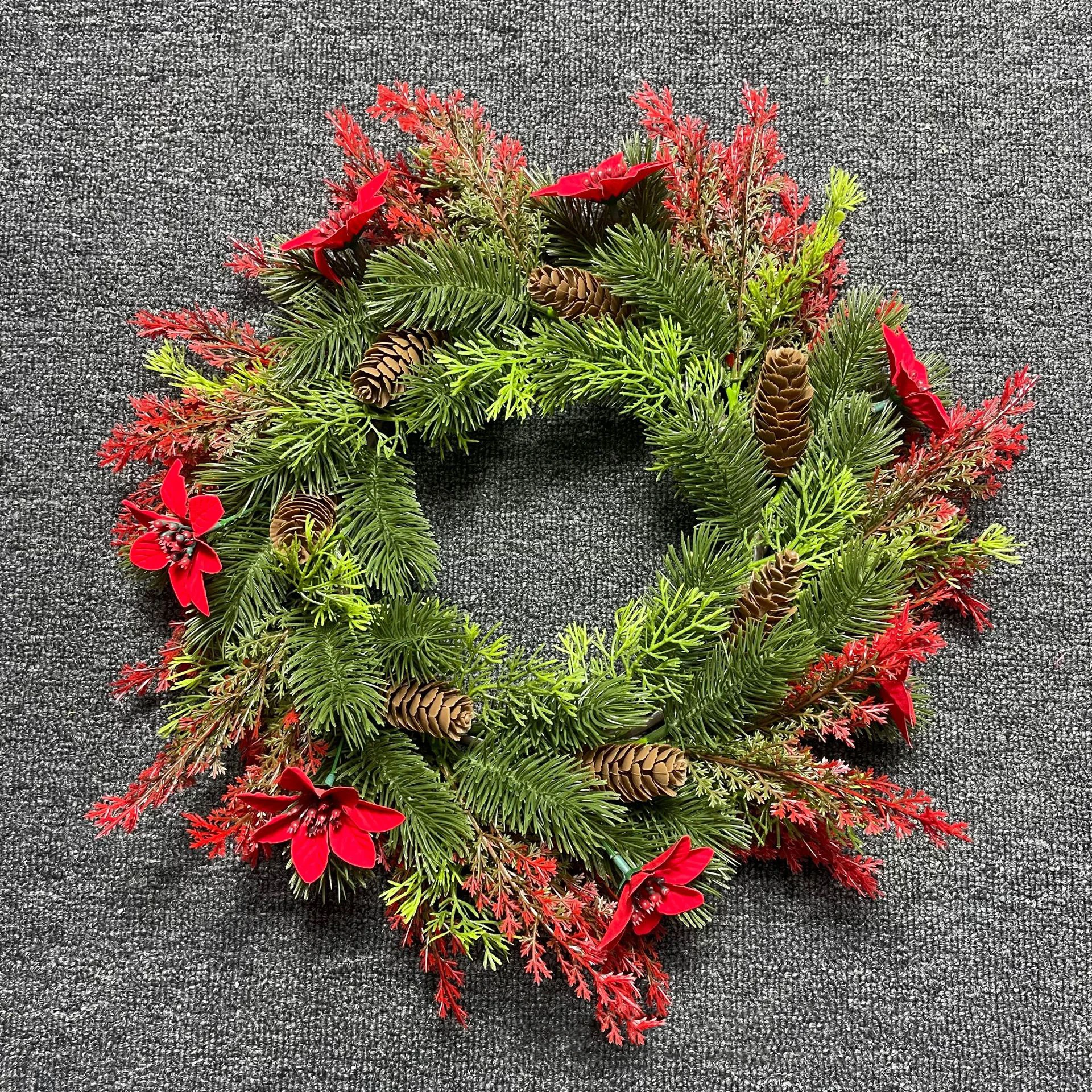 Alternate view of artificial poinsettia pinecone christmas wreath