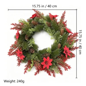 Size diagram for artificial poinsettia pinecone christmas wreath, 40 cm