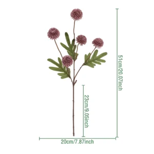 Size diagram for burgundy artificial pom pom flower spray