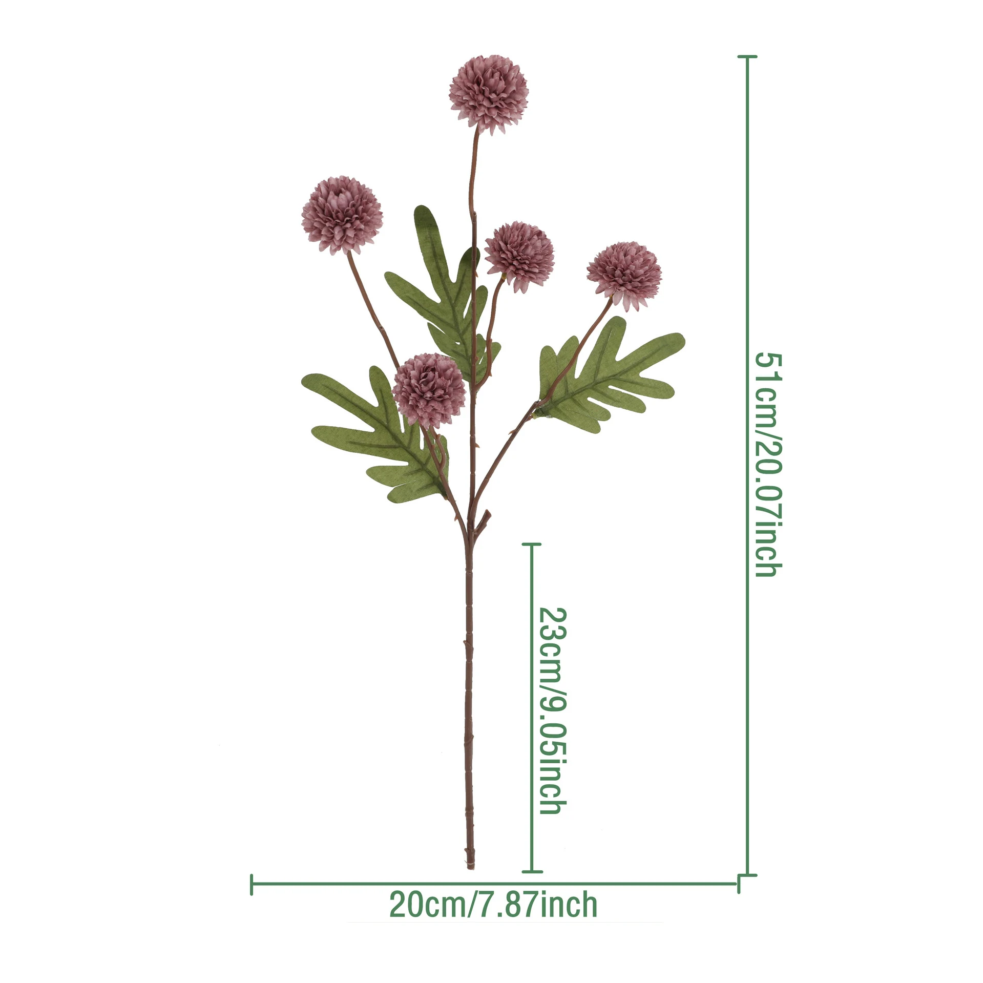 Size diagram for burgundy artificial pom pom flower spray