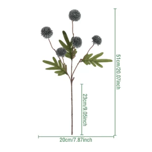 Size diagram for dark gray artificial pom pom flower spray
